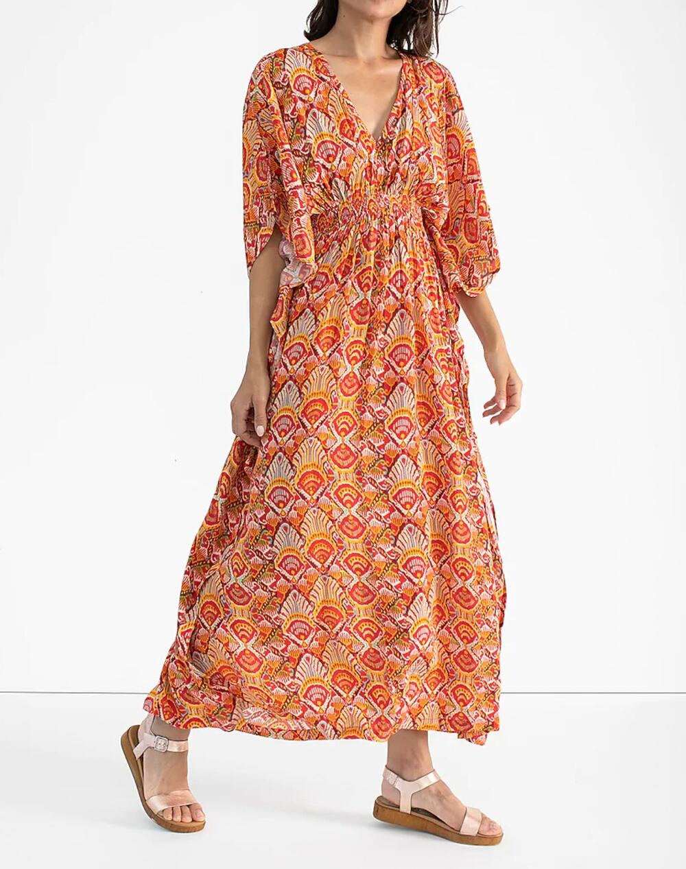 NWT Rujuta Sheth Red Marie Cinch Ikat Kaftan Maxi Dress Size M/L